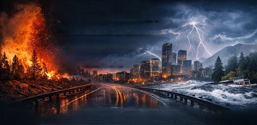 Split scene of a wildfire and a lightning storm over a city representing environmental risk
